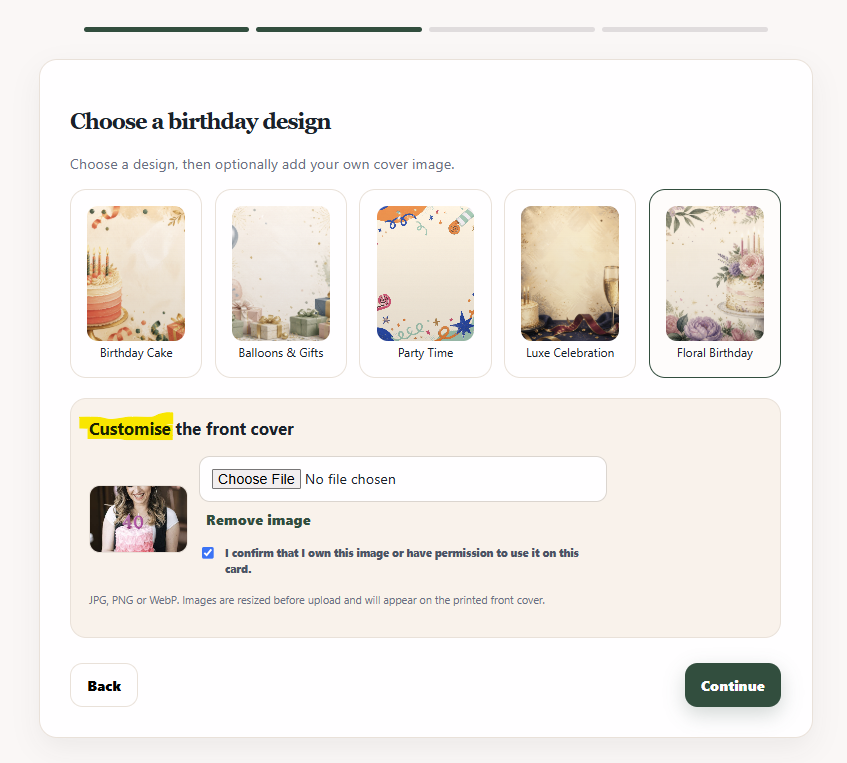 Choosing and customising a birthday card design