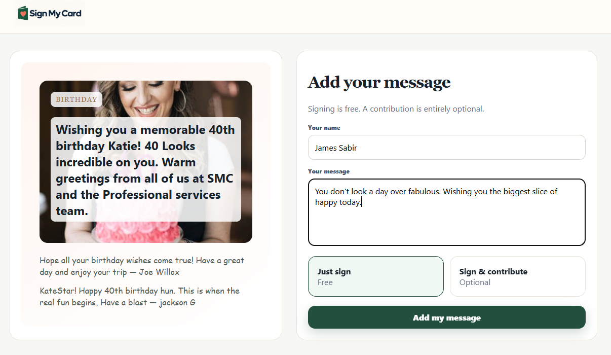 A participant adding a birthday message without contributing
