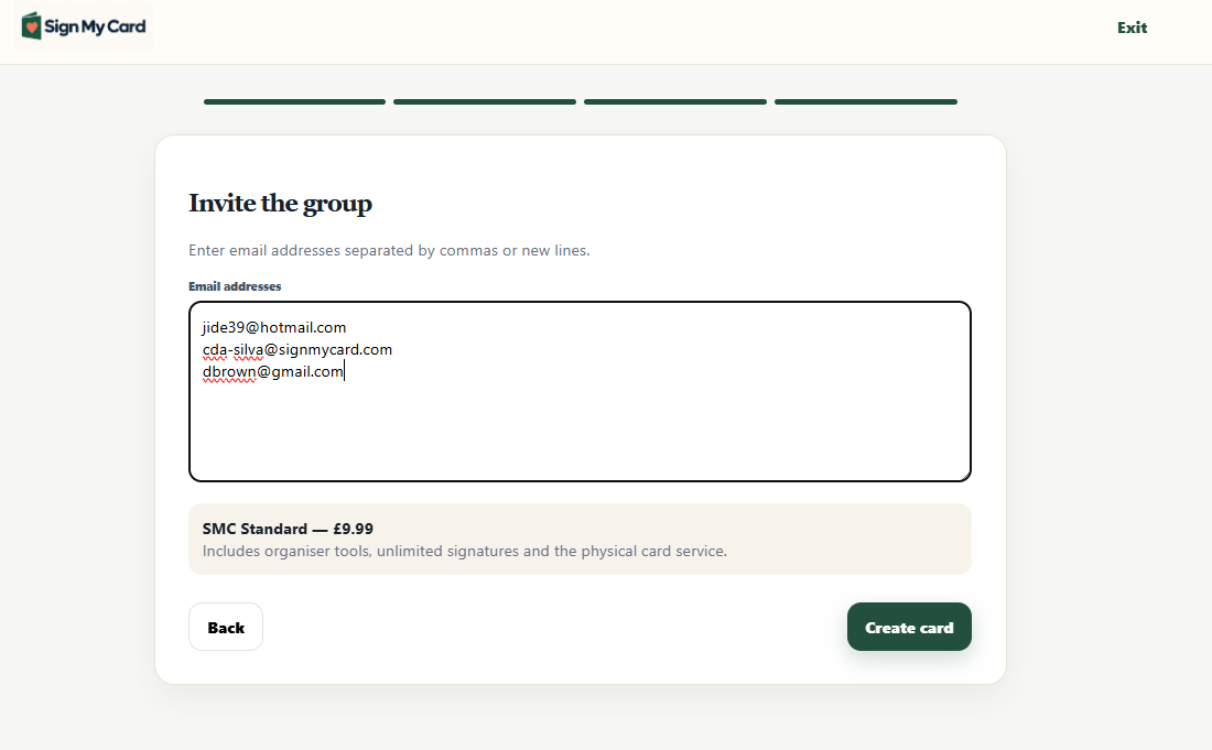 Entering email addresses to invite the group through Sign My Card