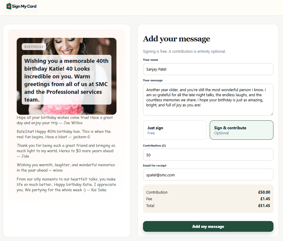 A participant adding a message and optional contribution