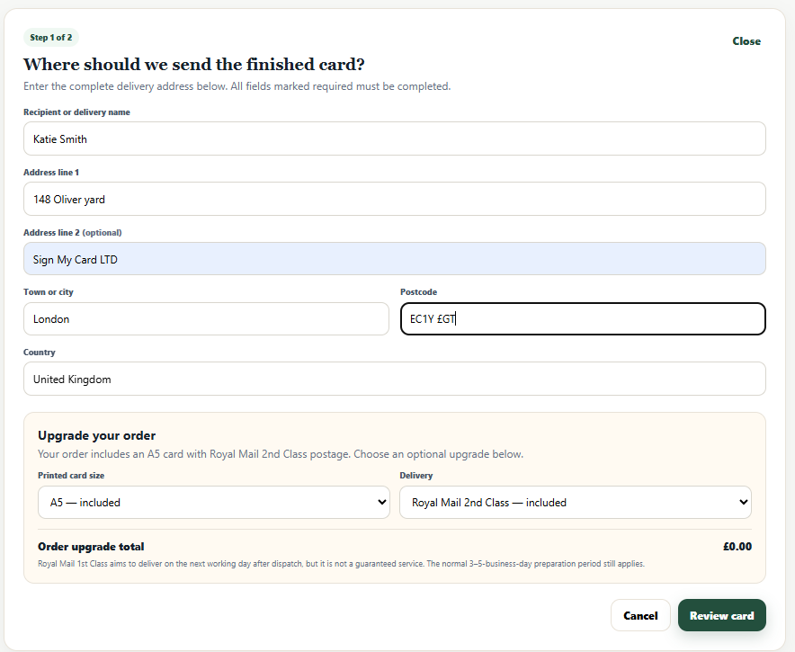 Entering the delivery address and selecting optional order upgrades